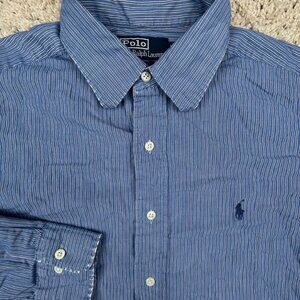 Polo Ralph Lauren LOWELL Button Up Shirt Cotton Men 15 34/35 Blue Gray Striped